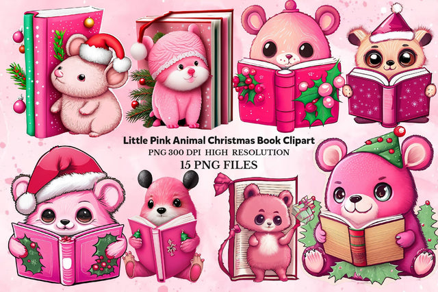Little Pink Animal Christmas Book clipart Sublimation Rupkotha 