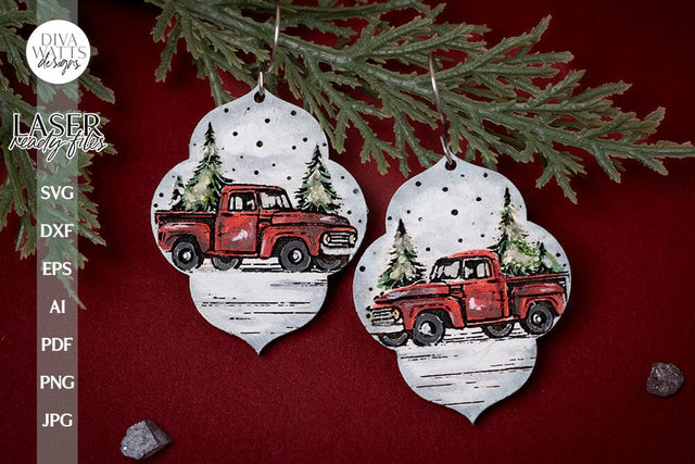 Little Red Truck Earrings SVG For Laser Earrings With Truck Glowforge Earrings For Christmas Little Truck With Trees Earrings Christmas Tree SVG Diva Watts Designs 