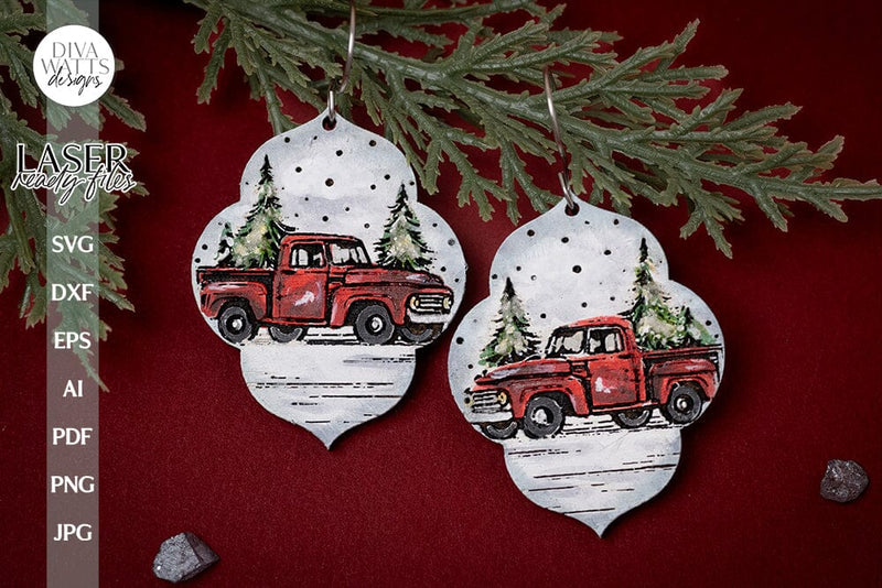 Little Red Truck Earrings SVG For Laser Earrings With Truck Glowforge Earrings For Christmas Little Truck With Trees Earrings Christmas Tree SVG Diva Watts Designs 
