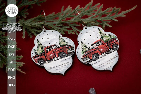 Little Red Truck Earrings SVG For Laser Earrings With Truck Glowforge Earrings For Christmas Little Truck With Trees Earrings Christmas Tree SVG Diva Watts Designs 