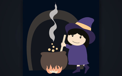 Little witch brews a potion in a cauldron. Funny characters for the holiday Halloween. Cartoon vector graphics. SVG naemmiah021 
