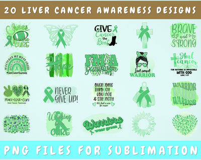 Liver Cancer Awareness Sublimation Designs Bundle, 20 Designs, Liver Cancer Warrior PNG Files, Green Ribbon PNG Files Sublimation HappyDesignStudio 