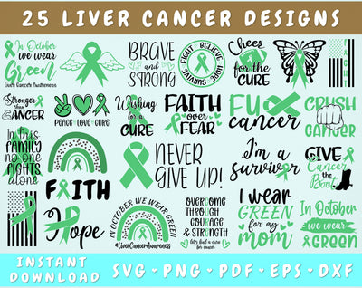 Liver Cancer Awareness SVG Bundle, 25 Designs, Liver Cancer Ribbon SVG, Green Cancer Ribbon SVG SVG HappyDesignStudio 