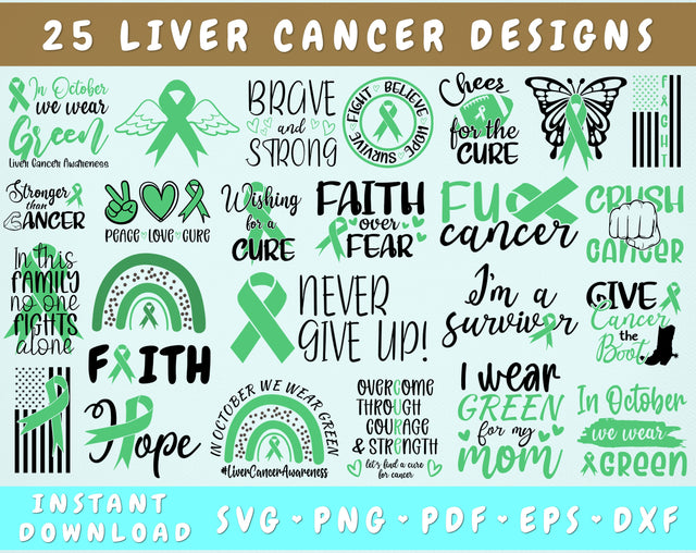 Liver Cancer Awareness SVG Bundle, 25 Designs, Liver Cancer Ribbon SVG, Green Cancer Ribbon SVG SVG HappyDesignStudio 