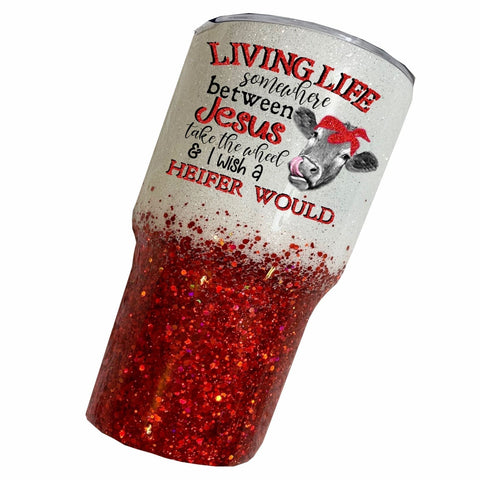 Living Life Somewhere Between Jesus Take the Wheel and I Wish a Heifer Would Red Sublimation Sweet Tees 