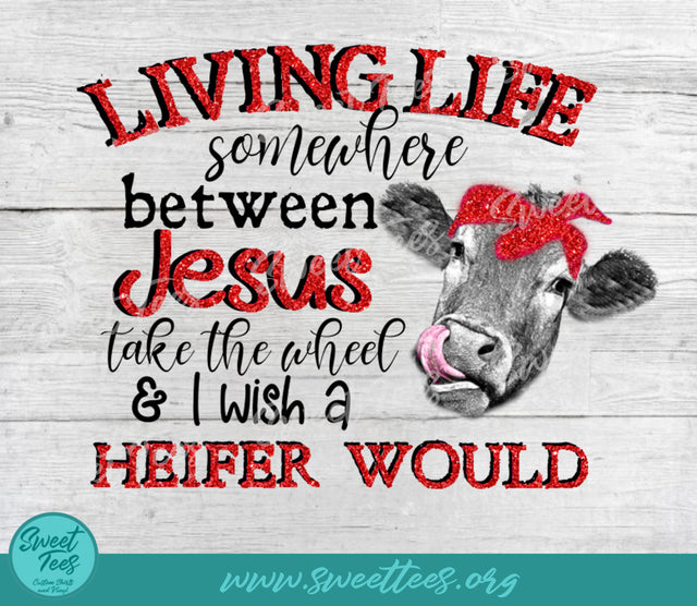 Living Life Somewhere Between Jesus Take the Wheel and I Wish a Heifer Would Red Sublimation Sweet Tees 