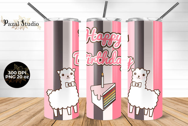 Llama Happy Birthday Pink 20 oz Skinny Tumbler Wrap Sublimation Design Sublimation Pazal Studio 