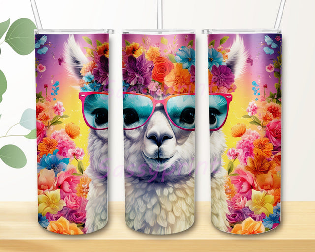 Llama Wearing Sunglasses 20oz Skinny Tumbler Png, Colorful Flowers Tumbler, Llama Tumbler Design, Cute Llama Colorful Tumbler, Colorful Neon Llama Png Sublimation sassyprint 