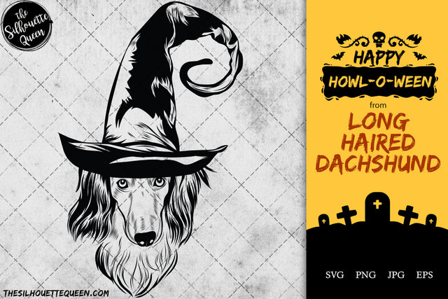 Long Haired Dachshund dog svg portrait clipart vector graphic art Witch hat Halloween dog Cricut cut file cuttable design SVG Loveleen Kaur 