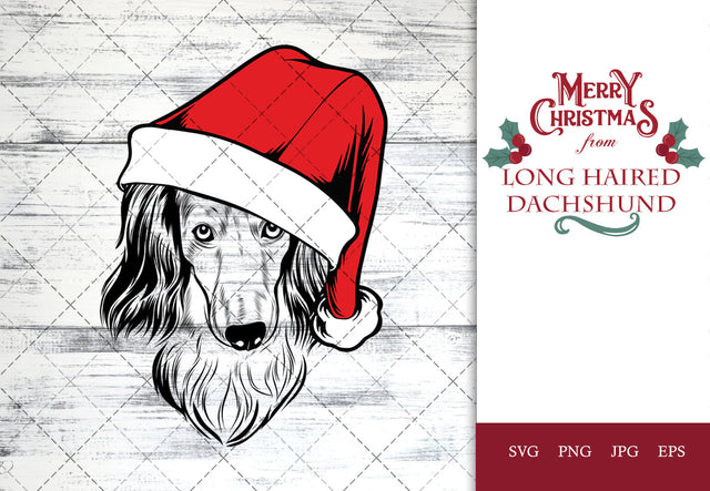 Long Haired Dachshund dog svg portrait clipart vector graphic art Xmas hat Christmas dog Cricut cut file cuttable design SVG Loveleen Kaur 