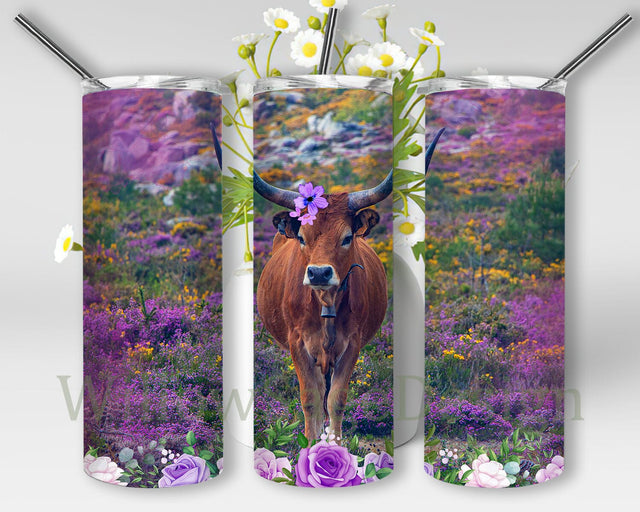 Longhorn Cow 20oz Tumbler Design, Longhorn Cow Floral Tumbler Png, Floral Tumbler Wrap, Cow Lover Gift, Longhorn Cow Sublimation Design, Digital Download Sublimation WillowSageDesign 