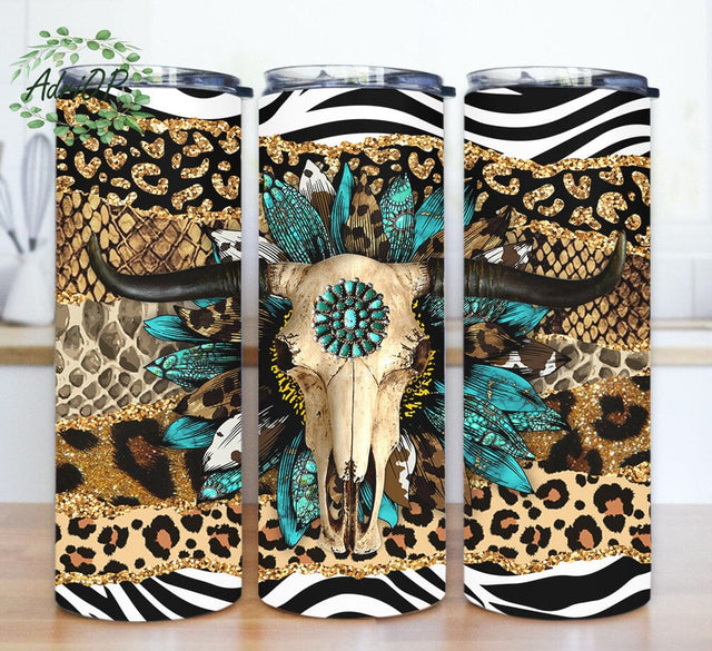 Longhorn Skull Tumbler Png, Bull Skull Gemstone 20oz Skinny Tumbler, Leopard Glitter Tumbler Wrap, Western Sunflower Tumbler Design, Instant Download Sublimation AdriOP 