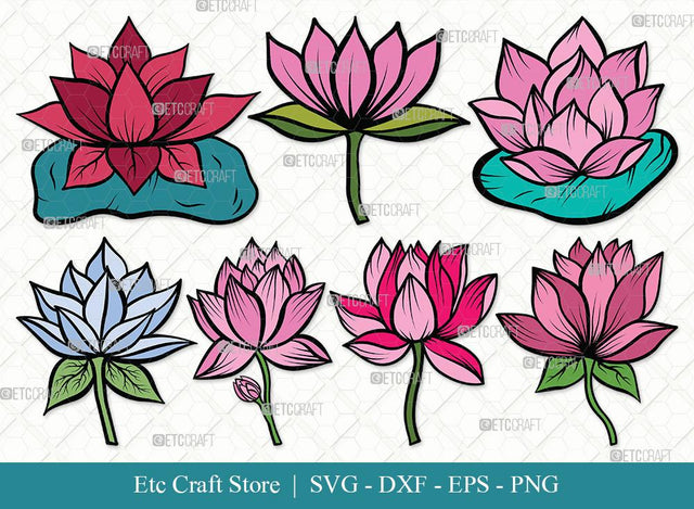 Lotus Flower Clipart SVG Cut Files | Lotus Flower Clipart | Lotus Flower Bundle | Vector Cutting files | Floral SVG | Eps | Dxf | Png | SVG ETC Craft 