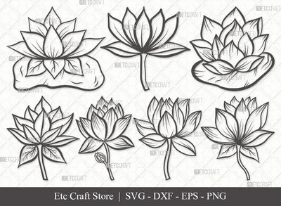 Lotus Flower Outline SVG Cut Files | Lotus Flower Clipart Bundle | Lotus Flower Outline | Vector Cutting files | Floral SVG | Eps | Dxf | Png | SVG ETC Craft 