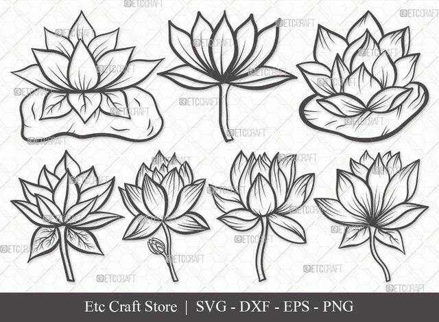 Lotus Flower Outline SVG Cut Files | Lotus Flower Clipart Bundle | Lotus Flower Outline | Vector Cutting files | Floral SVG | Eps | Dxf | Png | SVG ETC Craft 