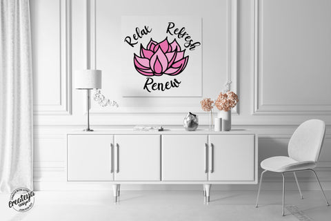 Lotus Flower SVG Template with Yoga Inspirational quote Relax Refresh Renew for Cricut project SVG Createya Design 