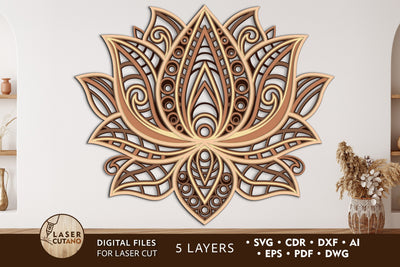 LOTUS Multilayer Laser Cut Files, Mandala, Round SVG, 3D Designs SVG LaserCutano 
