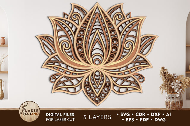 LOTUS Multilayer Laser Cut Files, Mandala, Round SVG, 3D Designs SVG LaserCutano 