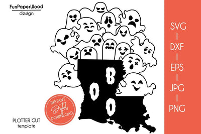 Louisiana LA state map Cute Halloween Boo scary ghosts faces SVG DXF EPS PNG JPEG SVG FunPaperWood 