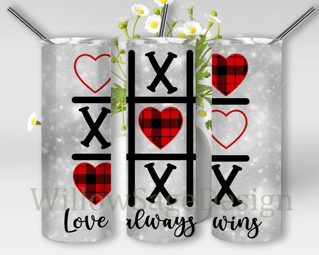 Love Always Wins Tumbler Png, Valentine's Day 20oz Skinny Tumbler, Heart Plaid Png, Tic Tac Toe Game Design Png, Valentine's Day Sublimation Design, Digital Download Sublimation WillowSageDesign 