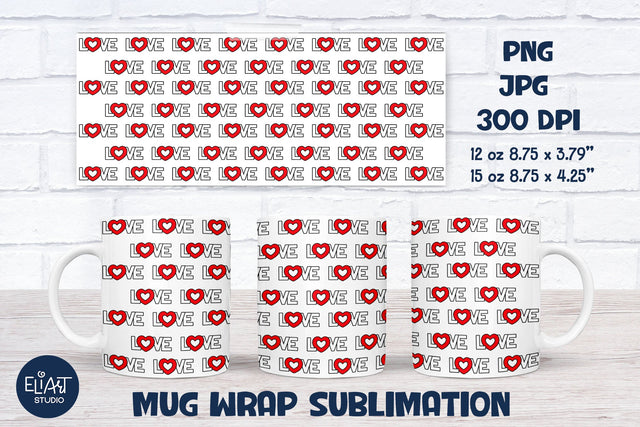 Love Coffee Mug Sublimation, Hearts Mug Wrap Sublimation. Sublimation Elinorka 