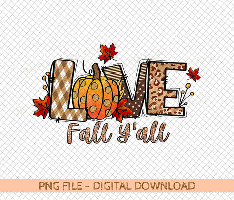Love Fall Y'All PNG, Hello Pumpkin Fall Vibes Peace Love Thanksgiving Family Sublimation design hand drawn Printable Graphic Clipart Tshirt Sublimation DiamondDesign 