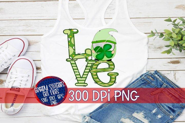 LOVE Gnome Shamrock Clover PNG for Sublimation-St. Patrick's Day Sublimation Greedy Stitches 