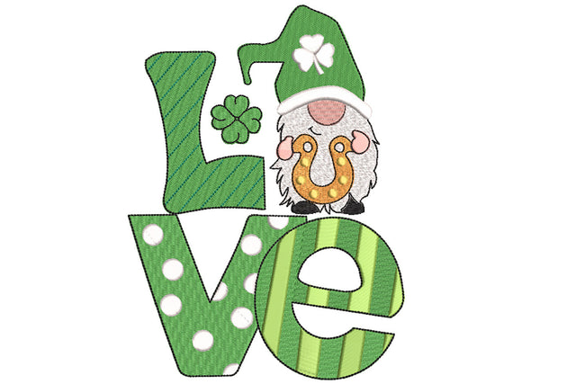 LOVE Gnome with Horse Shoe, St. Patrick Machine Embroidery Design Embroidery/Applique DESIGNS Angie 