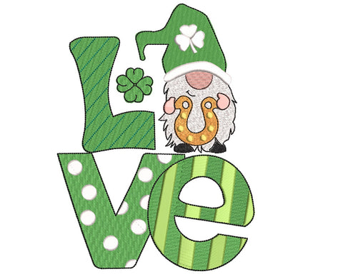 LOVE Gnome with Horse Shoe, St. Patrick Machine Embroidery Design Embroidery/Applique DESIGNS Canada Embroidery 