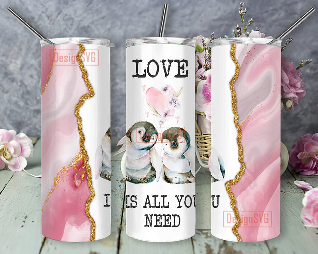Love Is All You Need 20oz Skinny Tumbler, Valentine Penguins Tumbler Png, Pink Marble Glitter Tumbler Wrap, Watercolor Penguins Design Png, Valentine's Day Gift, Digital Download Sublimation DesignSVG 