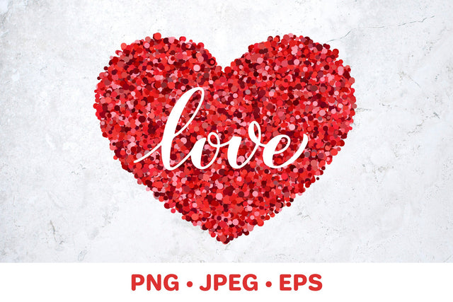 Love lettering on red glitter heart. Valentines Day decorations SVG LaBelezoka 