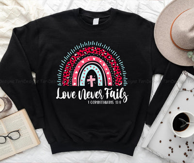 Love Never Fails Rainbow Leopard Christian Valentines Day PNG sublimation design Sublimation ToriDesigns 