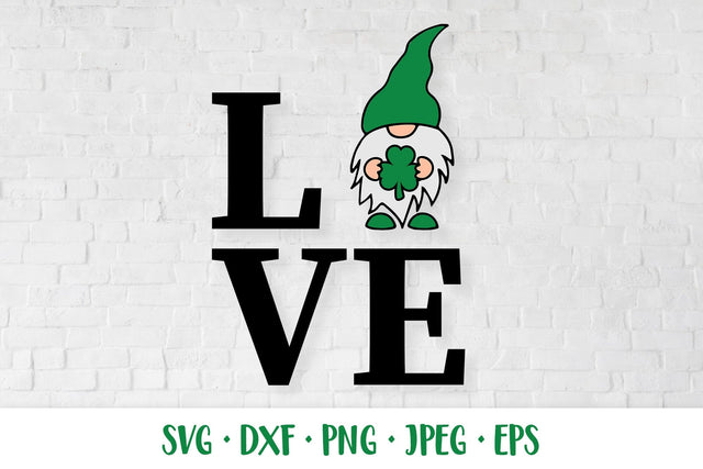 Love Patricks Day SVG design with gnome holding shamrock leaf SVG LaBelezoka 