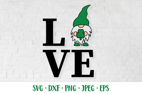 Love Patricks Day SVG design with gnome holding shamrock leaf SVG LaBelezoka 
