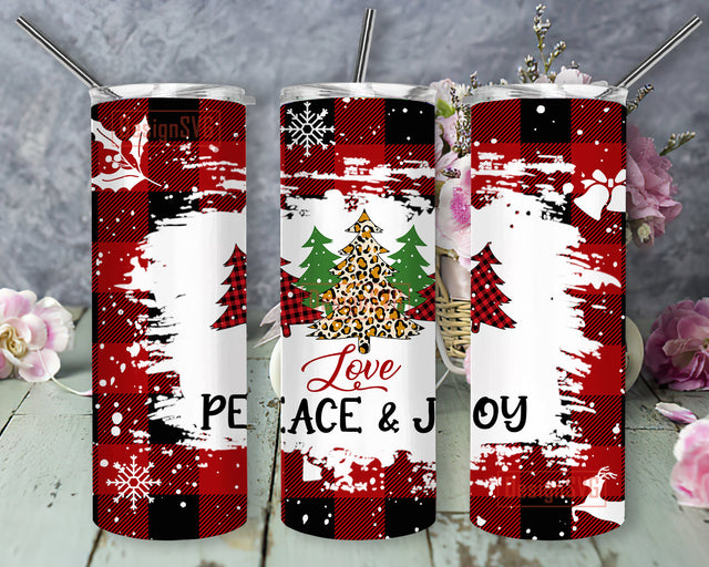 Love Peace and Joy 20oz Tumbler Png, Christmas Buffalo Plaid Full Tumbler Wrap, Christmas Tree Buffalo Plaid Leopard Design Png, Merry Christmas Sublimation Design, Digital Download Sublimation DesignSVG 
