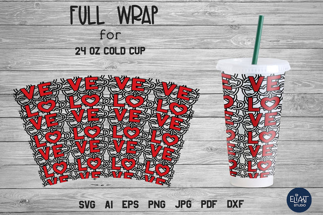 Love SVG Cold Cup Wrap, Full Cup Wrap SVG, Heart SVG. SVG Elinorka 