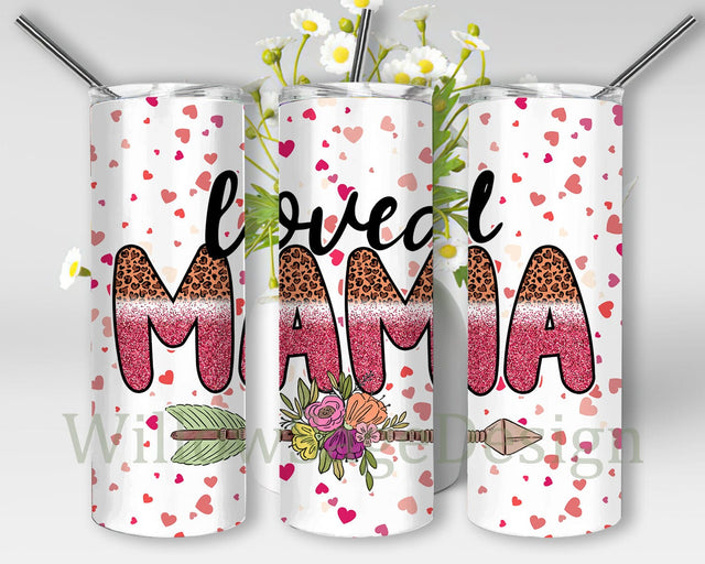 Loved Mama 20oz Skinny Tumbler, Heart Tumbler Wrap, Mama Leopard Glitter Tumbler Png, Mama Sublimation Design, Valentine's Day Gift, Digital Download Sublimation WillowSageDesign 
