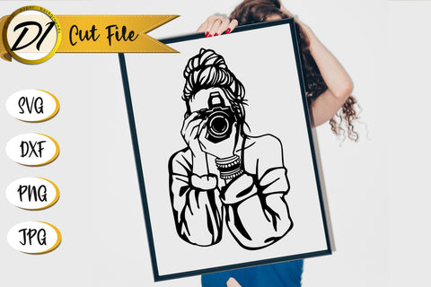 Lovely Woman with Camera Drawing SVG Line Art. SVG Evgenyia Guschina 