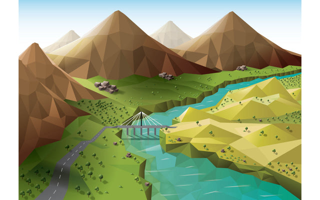 Low poly Mountain valley nature traveling adventure, valley river, camping outdoor, summer rock forest illustration SVG naemmiah021 