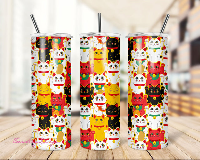 Lucky Cat Tumbler, Pink Sakura Floral Tumbler sublimation Design 20 oz Skinny Tumbler digital wrap, Flower Japanese Cat tumbler 2 File png Sublimation TrendingDesign 