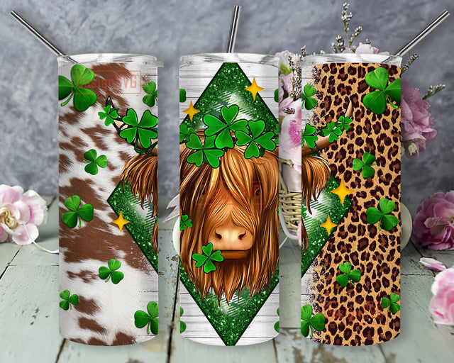 Lucky Highland Cow Tumbler Design, Western St. Patrick's Day 20oz Skinny Tumbler, Shamrock Tumbler Png, Cowhide Leopard Tumbler Wrap, Western Irish Sublimation Design, Instant Download Sublimation DesignSVG 