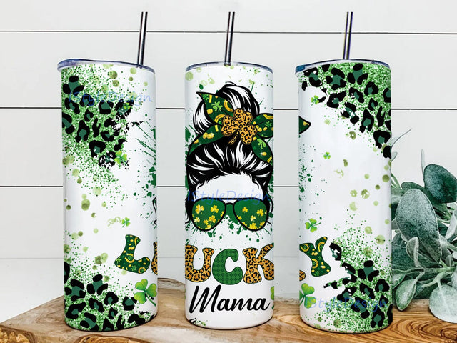 Lucky Mama 20oz Tumbler Png, Messy Bun Shamrock Tumbler Design, Green Leopard Glitter Tumbler Wrap, St. Patrick's Day Design Png, Mom Life Gift, Digital Download Sublimation iStyleDesign 