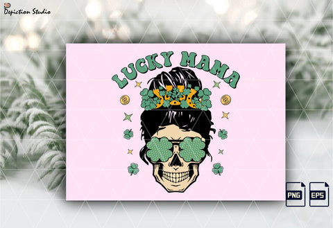 Lucky Mama Messy Bun Shirt PNG, St. Patrick’s Day Skeleton PNG, Patrick’s Mama Shirt PNG Print Template Sublimation Depiction Studio 