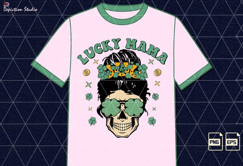 Lucky Mama Messy Bun Shirt PNG, St. Patrick’s Day Skeleton PNG, Patrick’s Mama Shirt PNG Print Template Sublimation Depiction Studio 