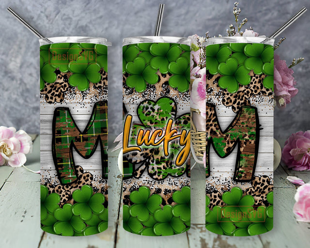 Lucky Mom 20oz Skinny Tumbler, St. Patrick's Day Tumbler Design, Shamrock Leopard Tumbler Wrap, Mom Tumbler Png, Irish Day Design Png, Digital Download Sublimation DesignSVG 