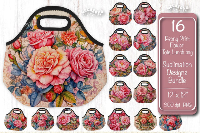 Lunch bag Bundle Peonies background wrap png Lunch bag sublimation Pink Peony Print Watercolor Sublimation Createya Design 