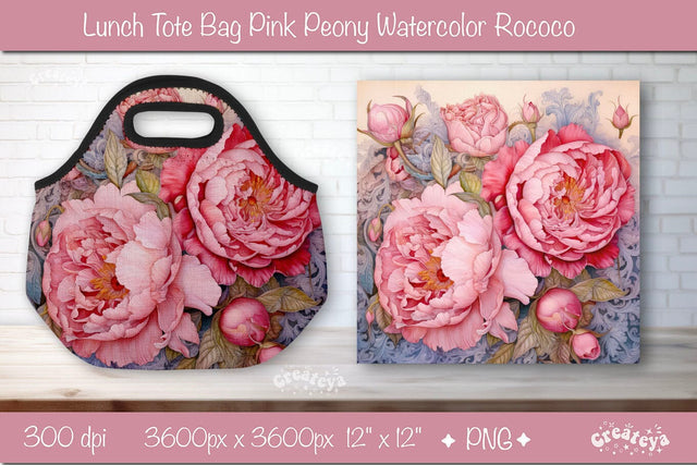 Lunch bag sublimation wrap Lunch Tote bag sublimation design Watercolor flower Pink Peony PNG linen texture Sublimation Createya Design 