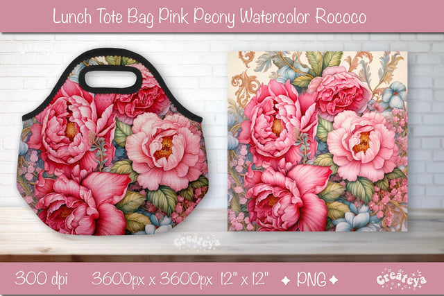 Lunch bag sublimation wrap Lunch Tote bag sublimation design Watercolor flower Pink Peony PNG Sublimation Createya Design 