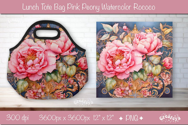 Lunch bag sublimation wrap Lunch Tote bag sublimation design Watercolor flower Pink Peony PNG Sublimation Createya Design 