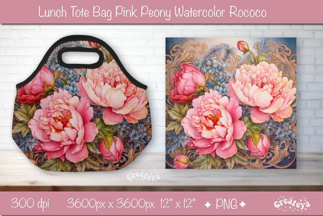 Lunch bag sublimation wrap Lunch Tote bag sublimation design Watercolor flower Pink Peony PNG Sublimation Createya Design 